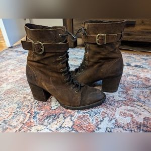 BORN Cass Block Heel Lace Up Distressed Leather Boot 3" heel